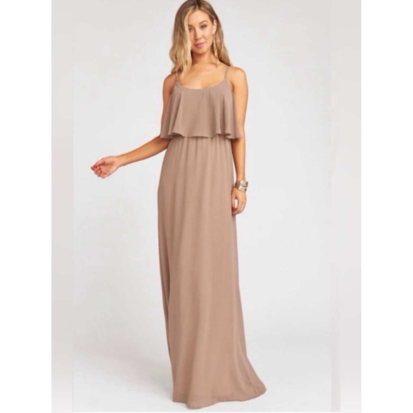 Show Me Your MuMu Light Taupe Ruffle Maxi Dress Size Large Prom Wedding Guest