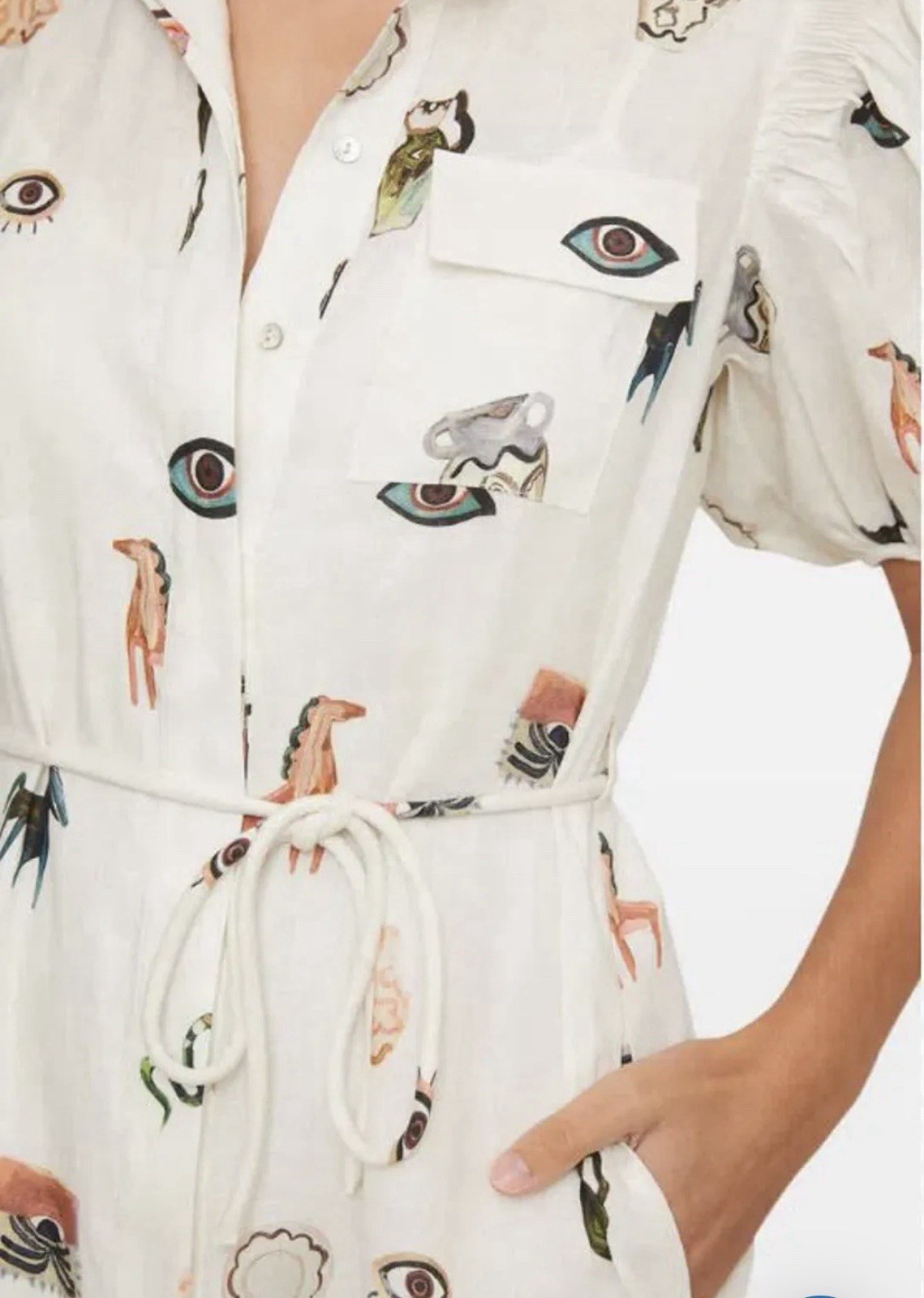 ALEMAIS Hera white/ivory Linen Shirt Dress Size 8, Midi, Puff Sleeve, Pockets