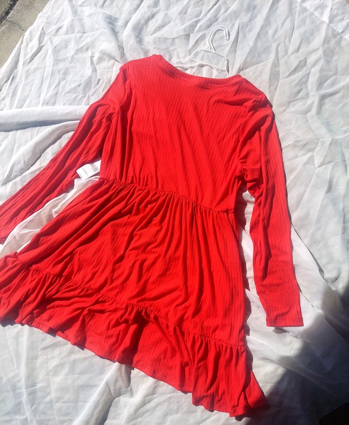 Women’s Red Long Sleeve Round Neck Skater Short Dress Stretch Knit Size 1X