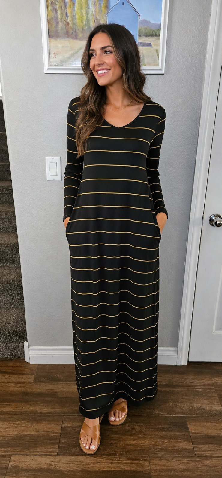 Doublju Women’s L Black Yellow Striped V-Neck Long Sleeve Maxi Dress Pockets