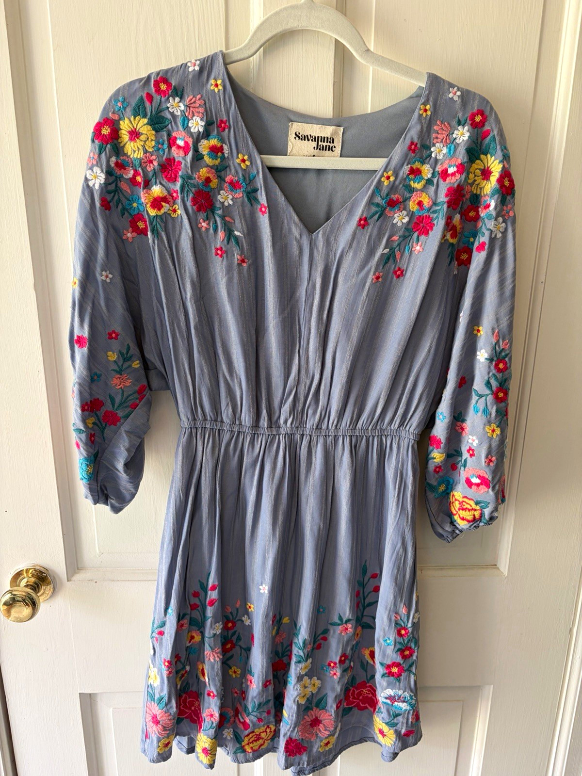 Savanna Jane Blue Floral Embroidered V-Neck 3/4 Puff Fit & Flare Dress S