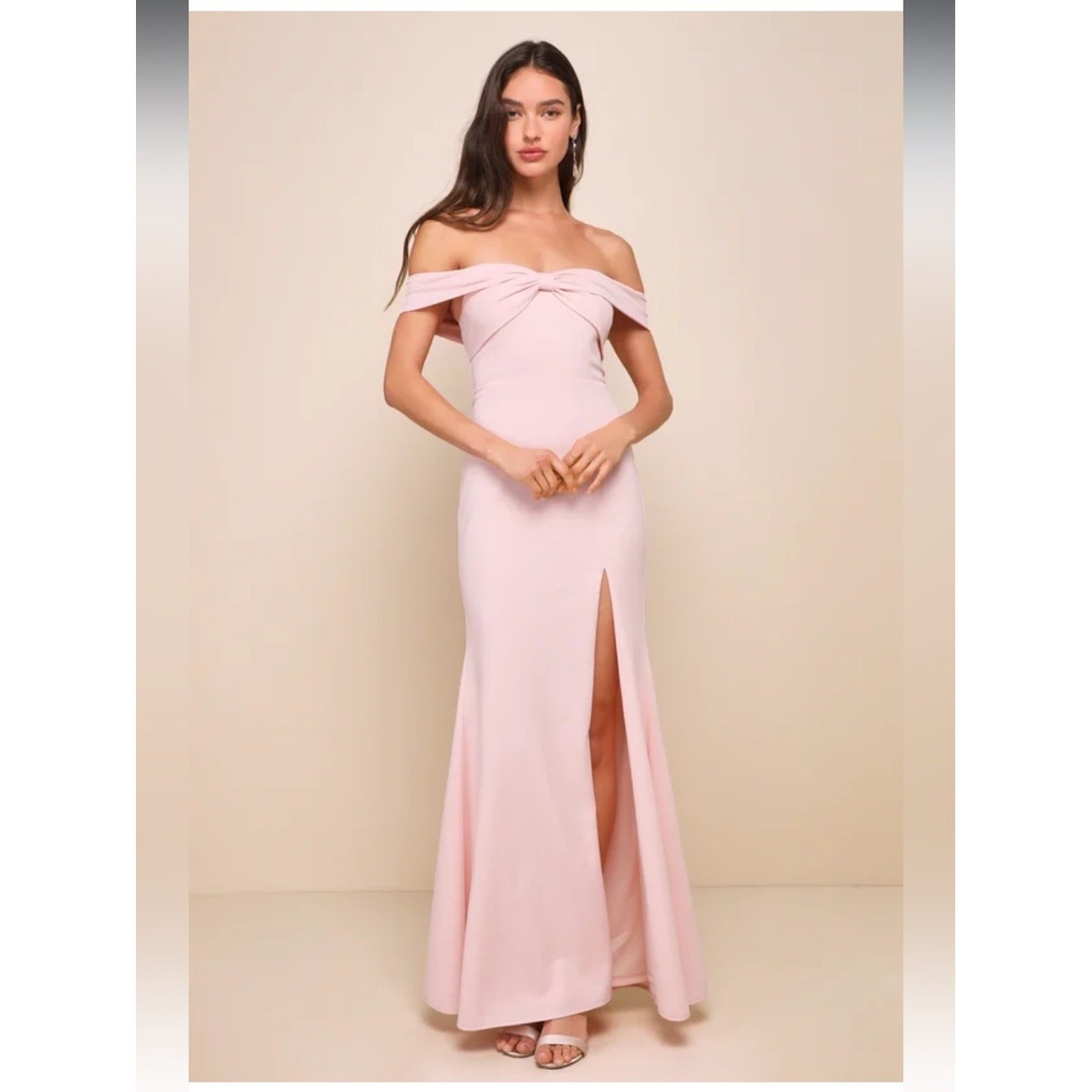 NWT- Elegant Perception Light Pink Off-the-Shoulder Bow Maxi Dress