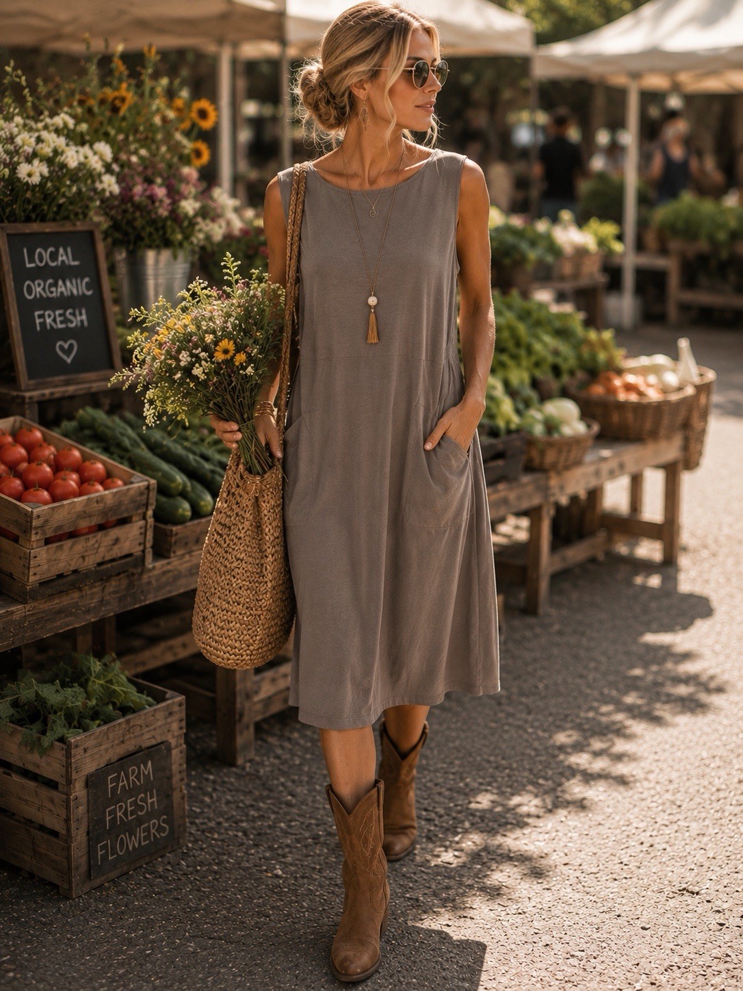 Eileen Fisher Taupe Grey Stretch Jersey Pockets Sleeveless Midi Dress Large NWT
