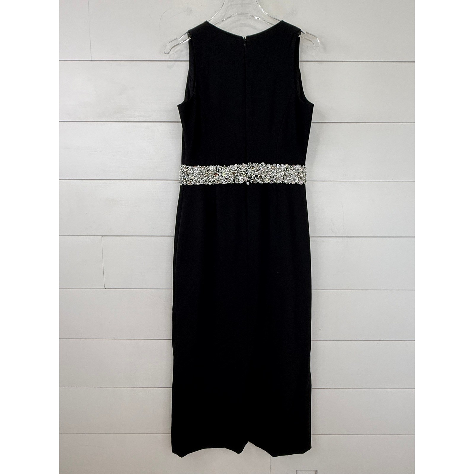 St. John Couture Black Beaded Crystal Pearl Midi Dress 10 Evening Cocktail Gala