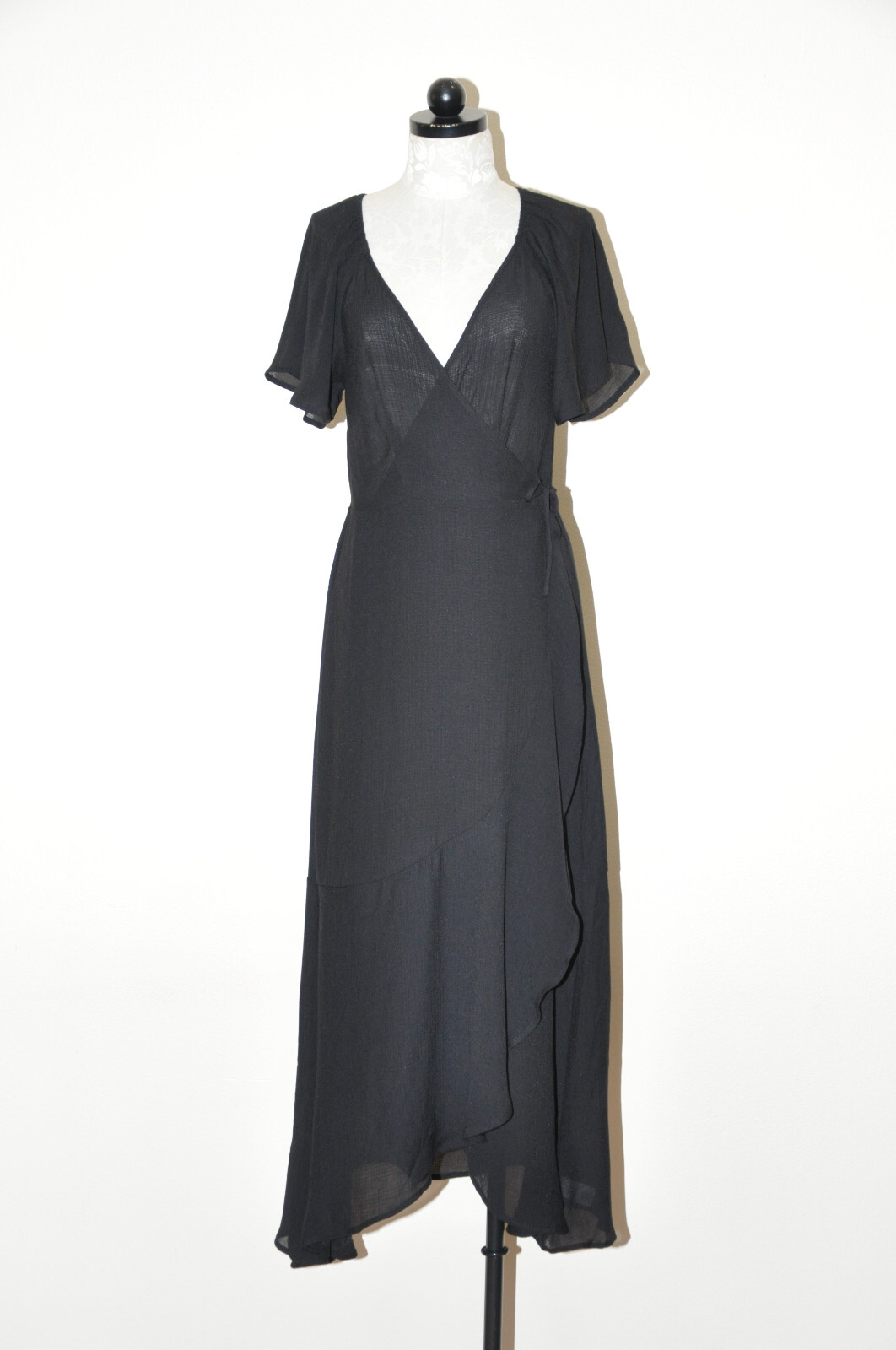 Lush Black Cotton Gauze Sheer Plunging Neckline Long Maxi Wrap Dress LBD Women M