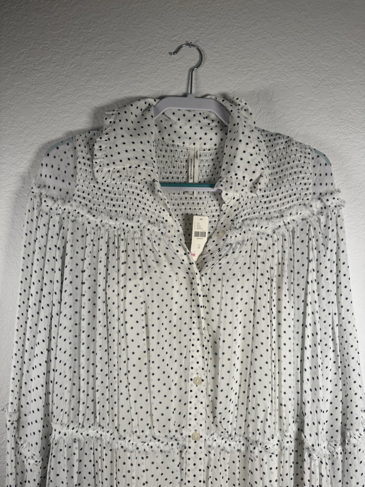 Anthropologie Women’s XS White Black Polka Dot Smocked Maxi Dress