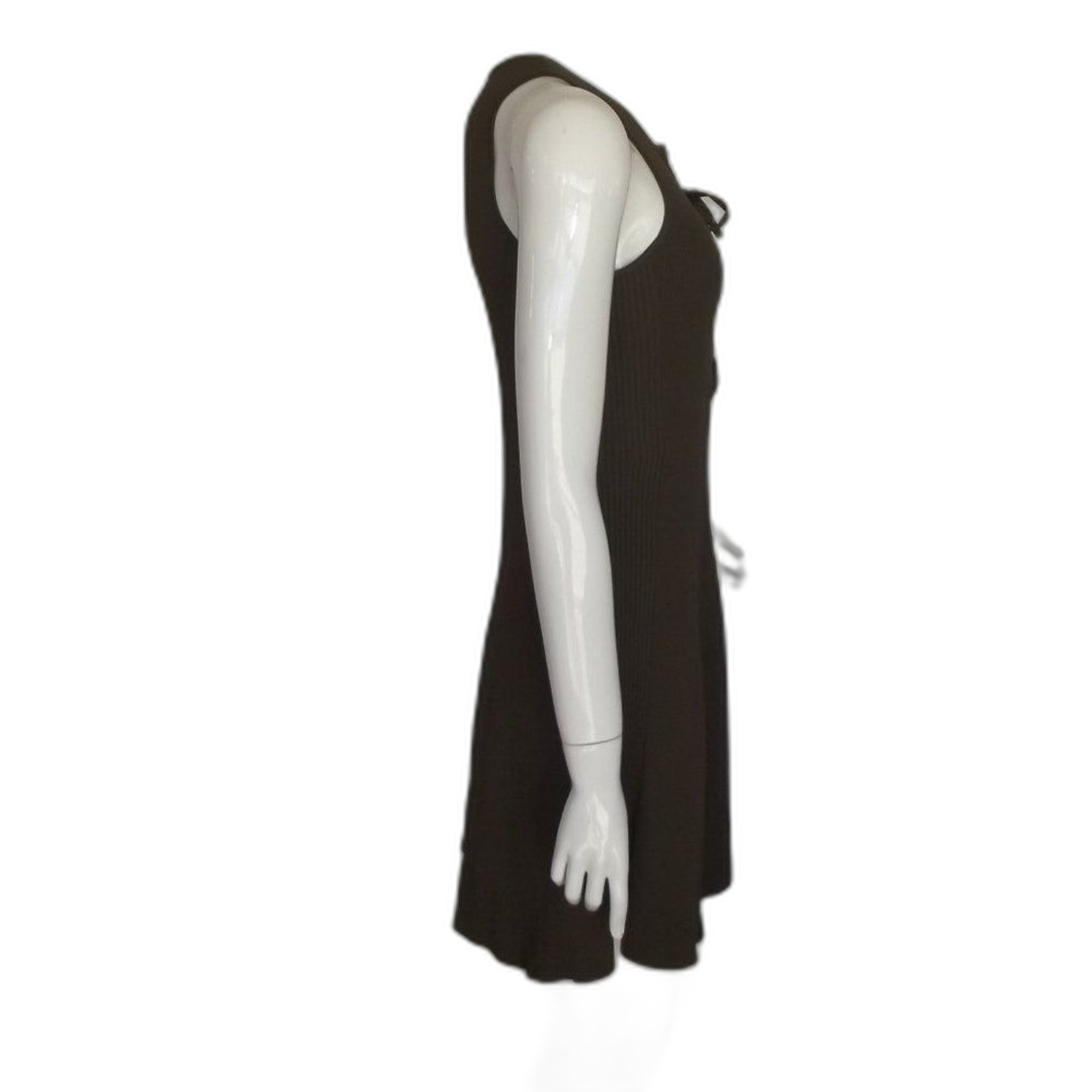 TORN BY RONNY KOBO Knit Dress, S, Olive Green, Ribbed/Textured, Lace-up neckline
