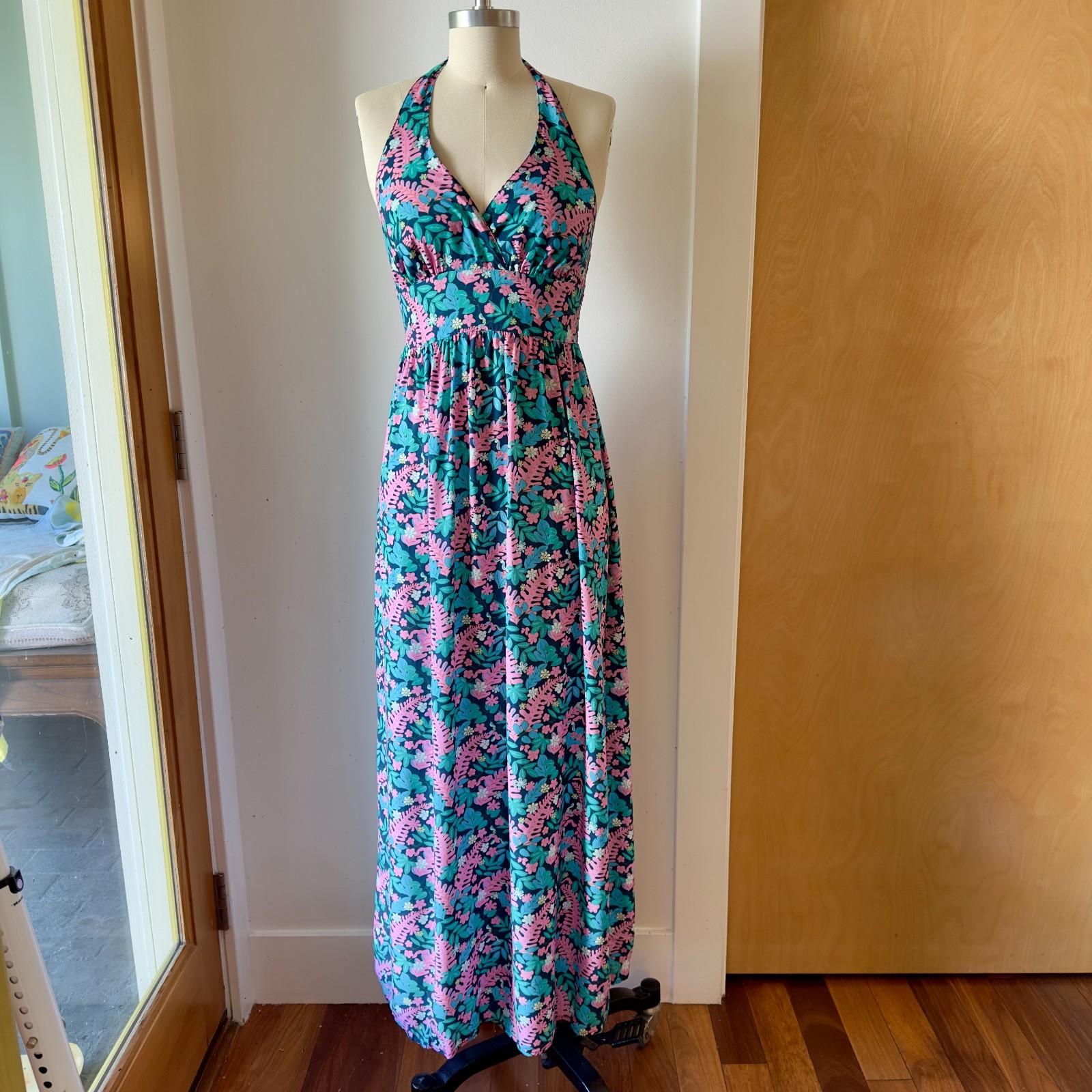 🌸 Reyn Spooner Hawaiian Halter Maxi Resort Summer Dress-Blue & Pink Floral-Sz S