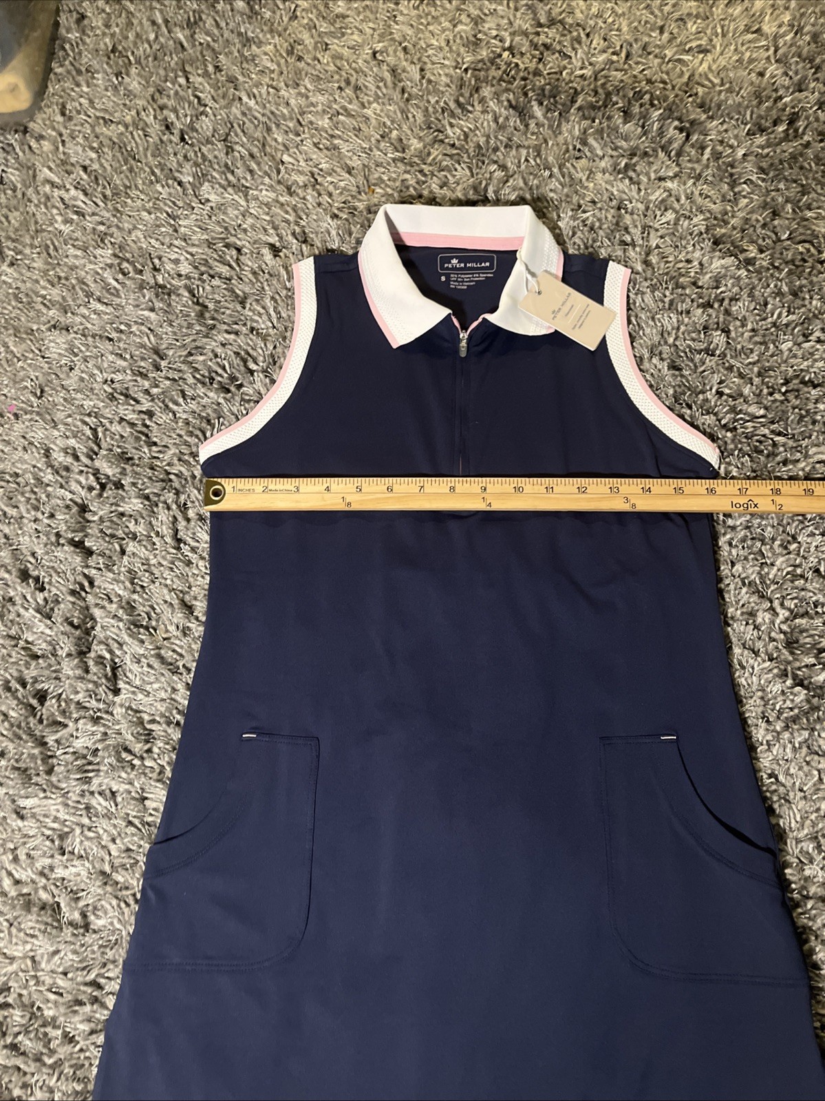 NWT Peter Millar Polo Dress 1/4 Zip Small Navy Blue-White Pink Trim Golf Tennis