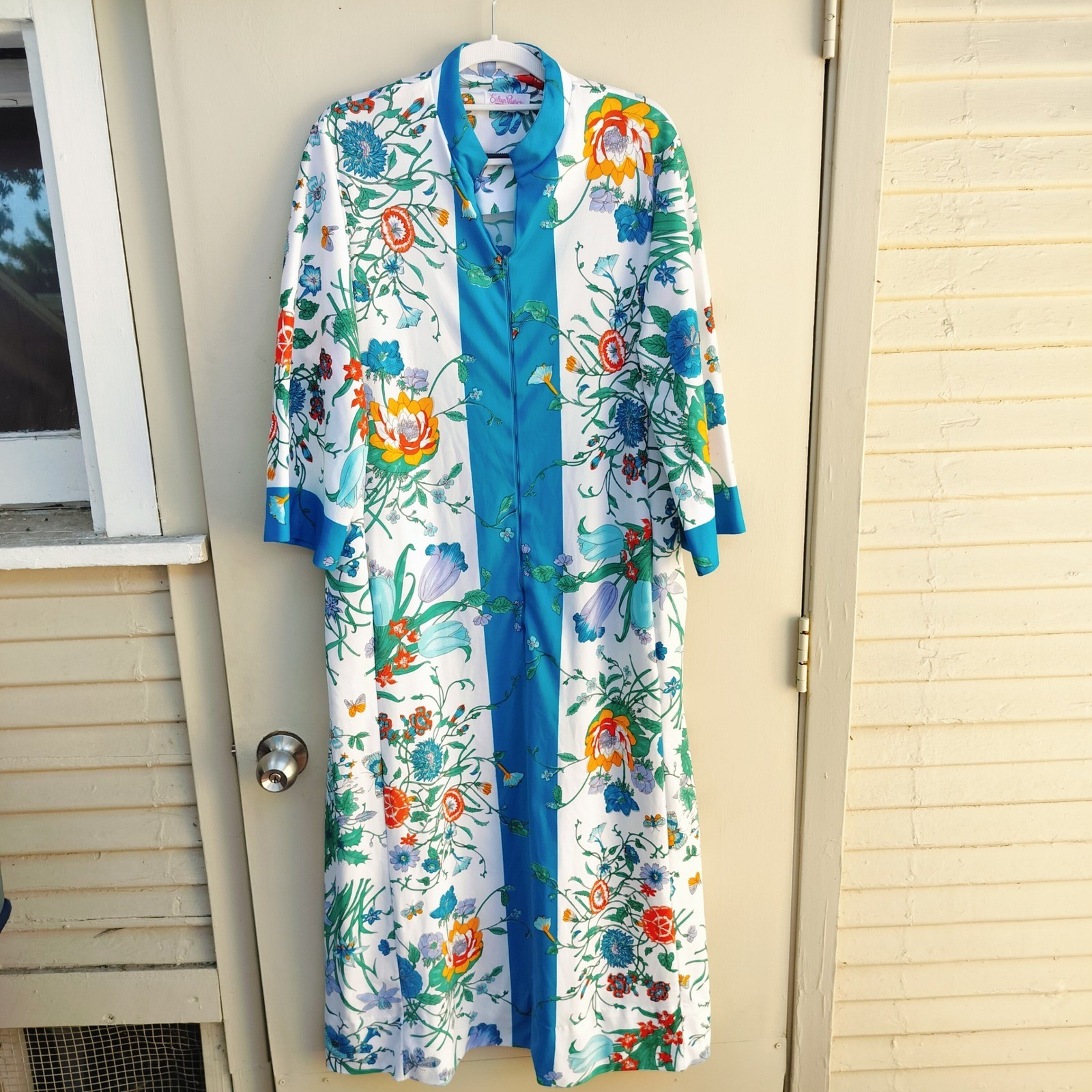 Vintage Evelyn Pearson Floral Kimono-style Dress White Blue Long Sleeve Pockets