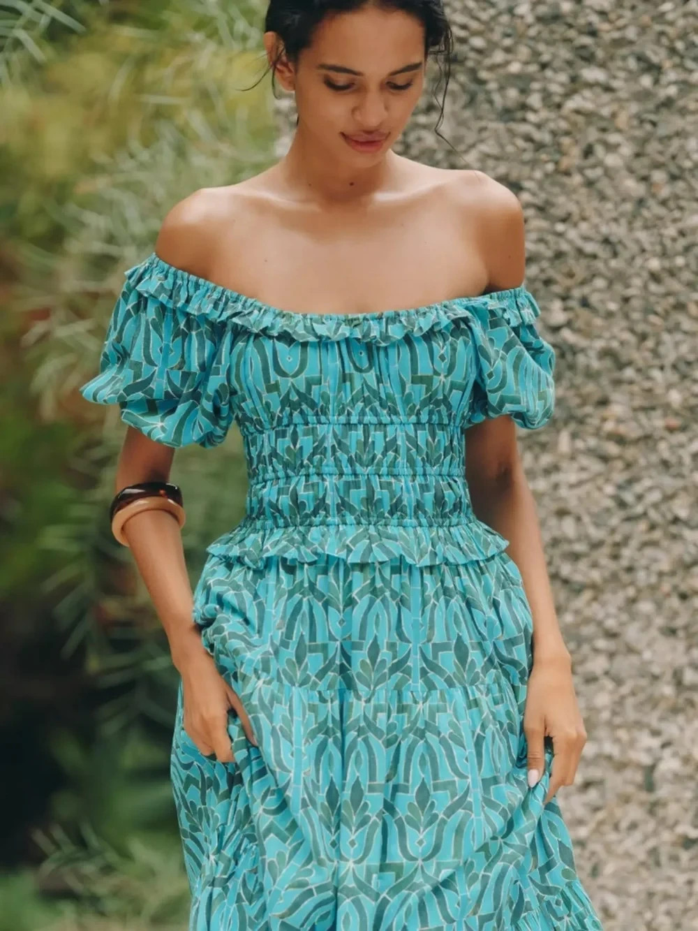 Anthropologie Ro’s Garden Percy Puff-Sleeve Midi Dress in Blue Green Pattern NWT