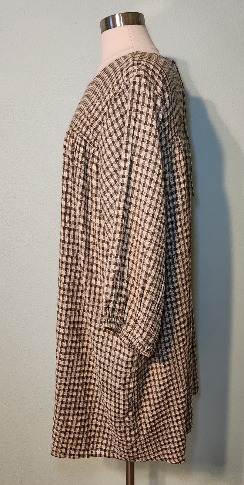 NWT ABLE Brown Gingham Cotton Blend Alyssa Mini Lined Peasant Dress Size XXL