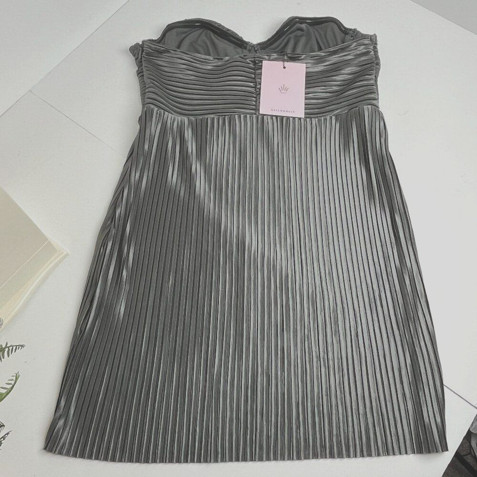 Hello Molly Silver Pleated Corset Mini Dress Metallic Y2K Babydoll Holiday Party
