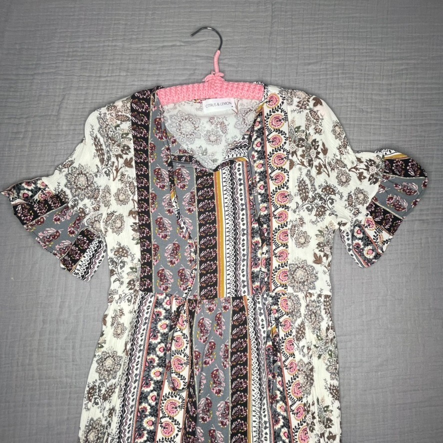 Citrus & Lemon Womens Cottagecore Dress Size Med Floral Boho Midi Flutter Sleeve