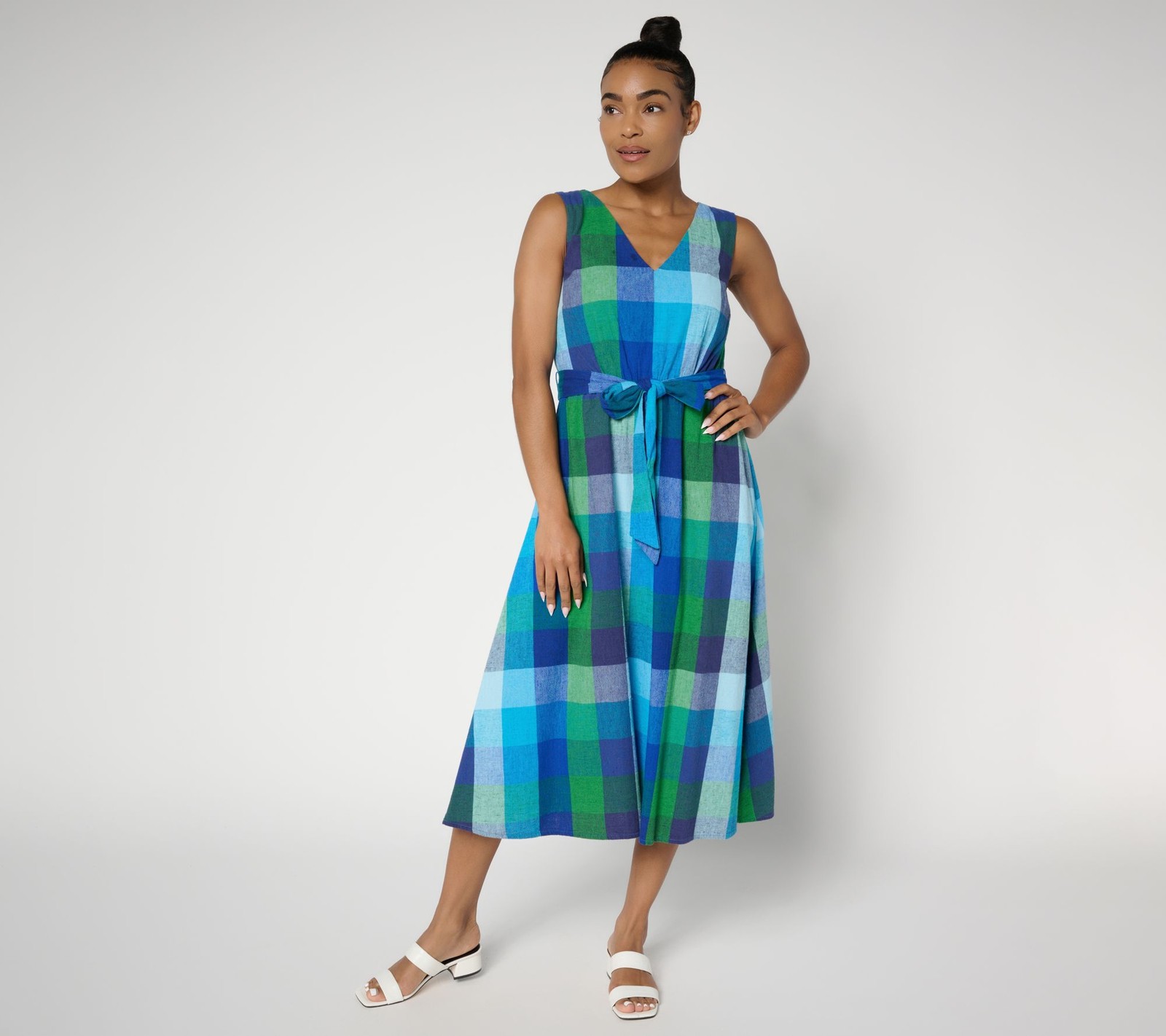 Isaac Mizrahi Live! Petite Madras Plaid Midi Dress with Self Belt Blue XL New