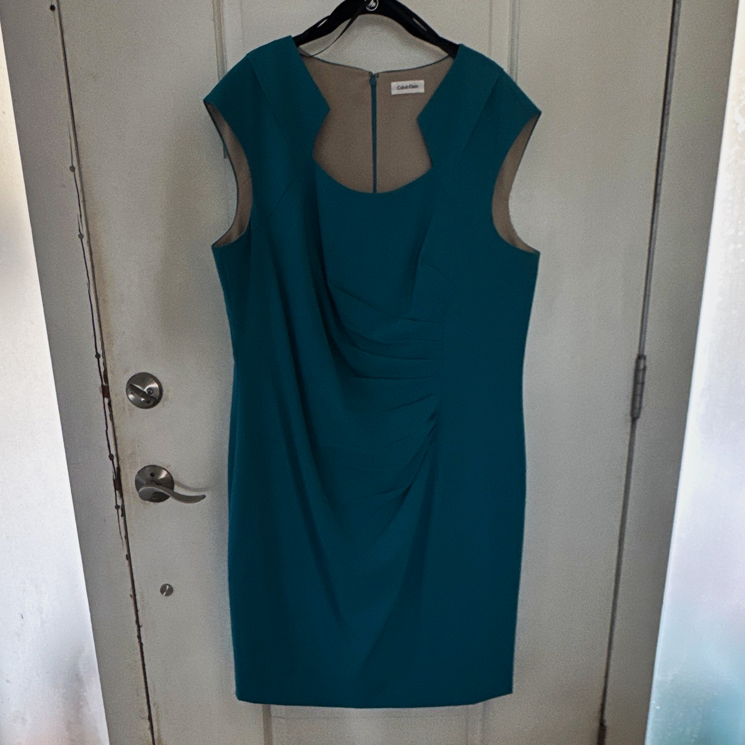 Calvin Klein Teal Sheath Dress Ruched Stretch Lined Scoop Neck Knee 8