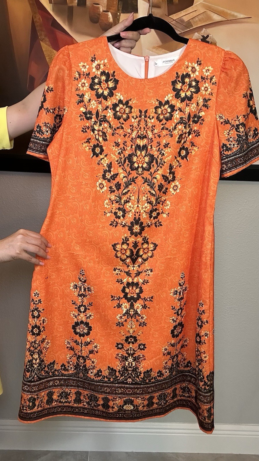 Fashion Women’s Orange Black Floral Shift Dress Short Sleeve Round Neck Knee L