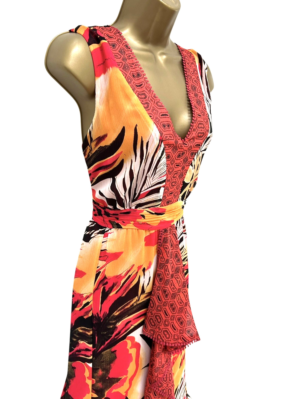 Per Una Maxi Dress Size 18 Long Orange Red Sleeveless Belted Full Length M&S