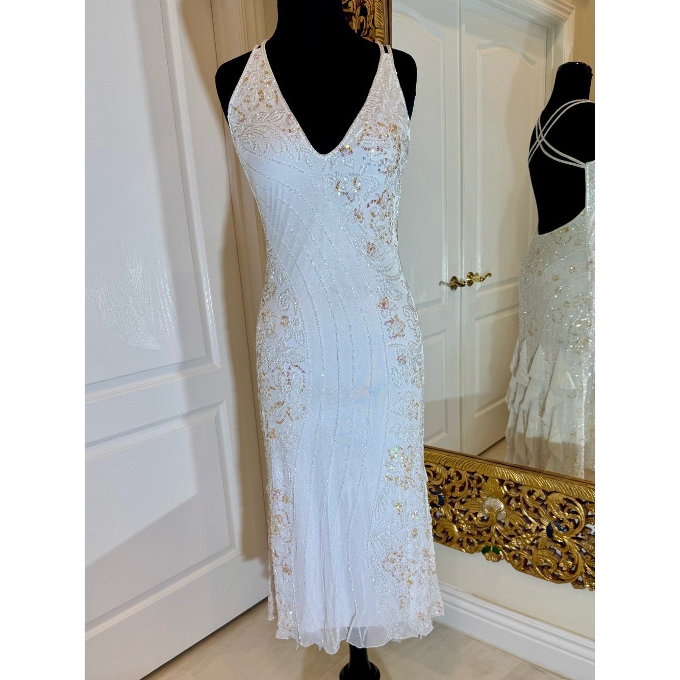 White hand Beaded Ruffle Backless Evening Dress. Power mesh stretch fabric.