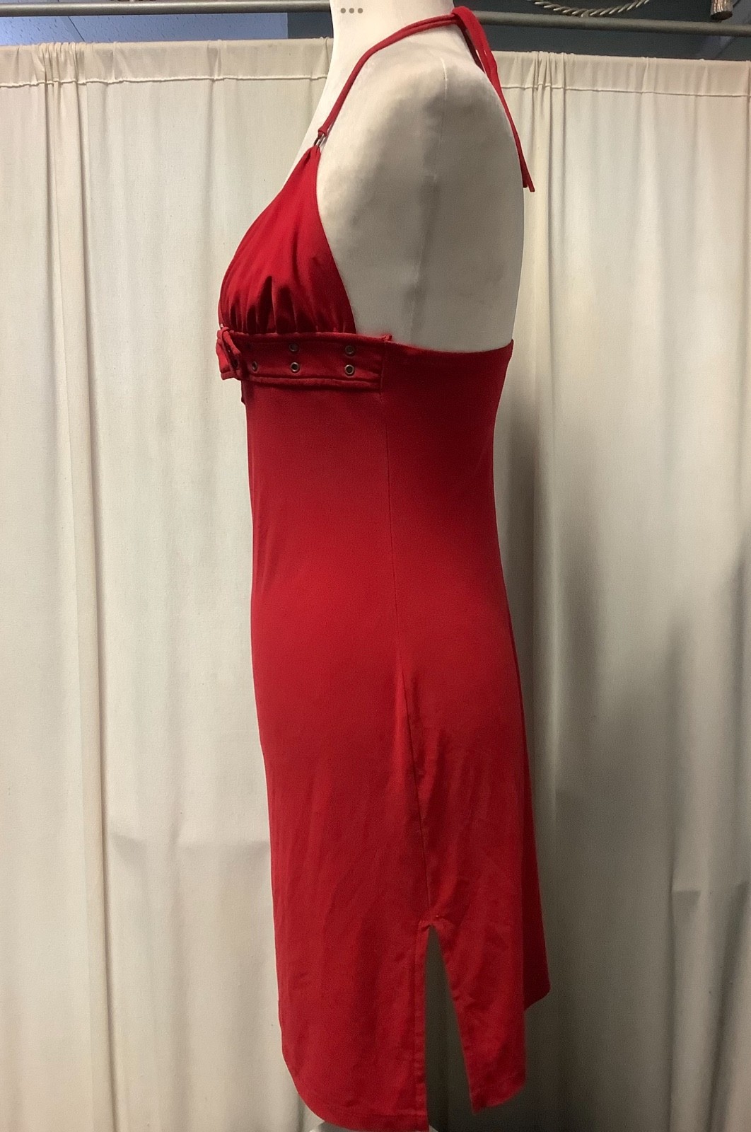Unyx polyester side slits buckle high waist double spaghetti strap halter dress