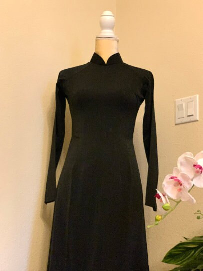 Black Ao Dai Vietnamese Lua My Silk Long Dress with Matching Pants G79