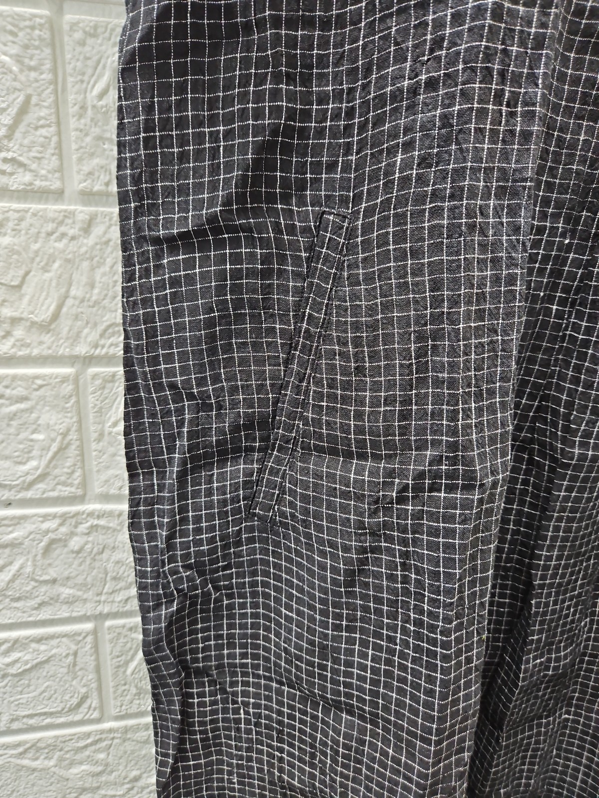 New Eileen Fisher Puckered Linen Grid Classic Collar Dress Black/White Sz S