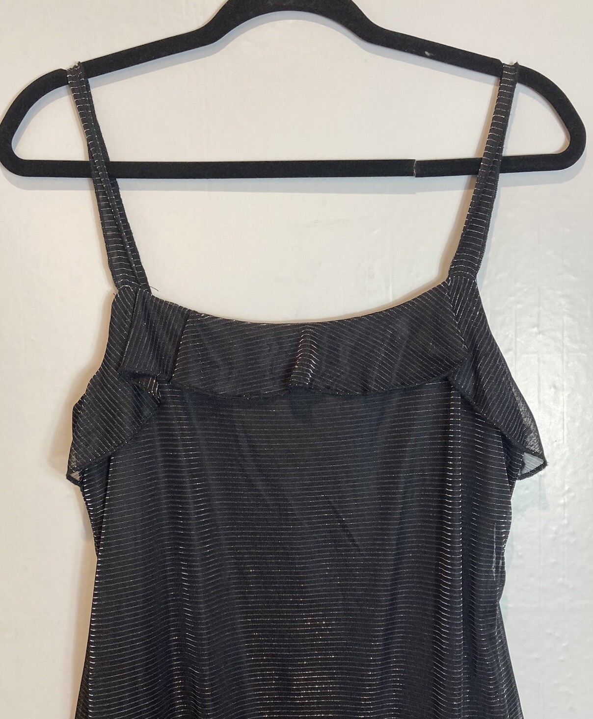 Vintage Fashion Bug Black Metallic Striped Slip Dress Size 12 Ruffle Hem 90s