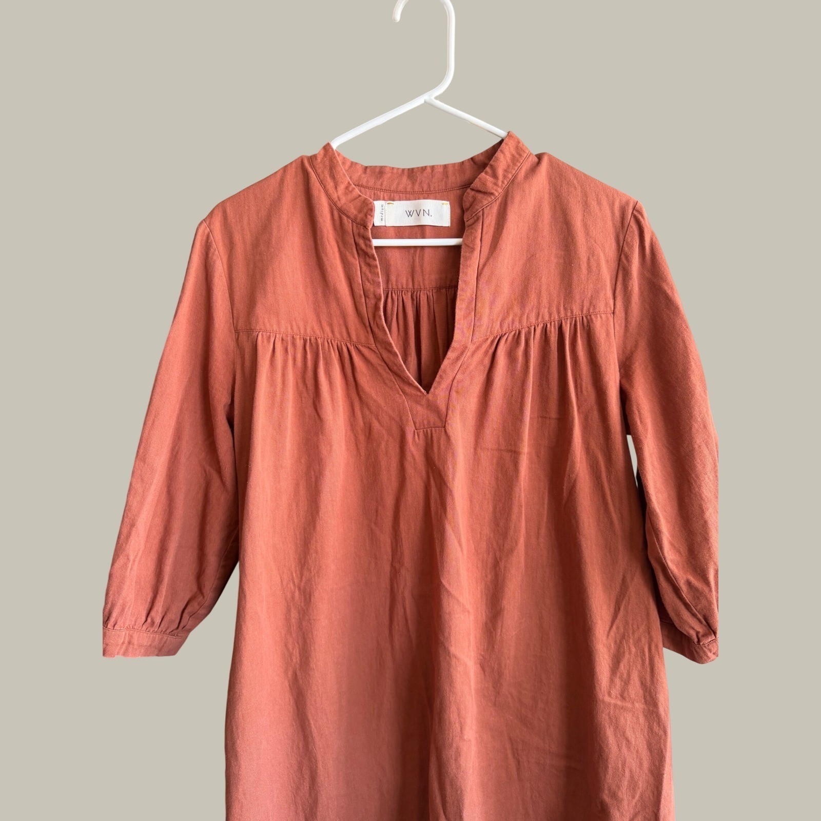 WVN Rust Terracotta Notched Neck Tunic Dress Medium Boho Relaxed Fit