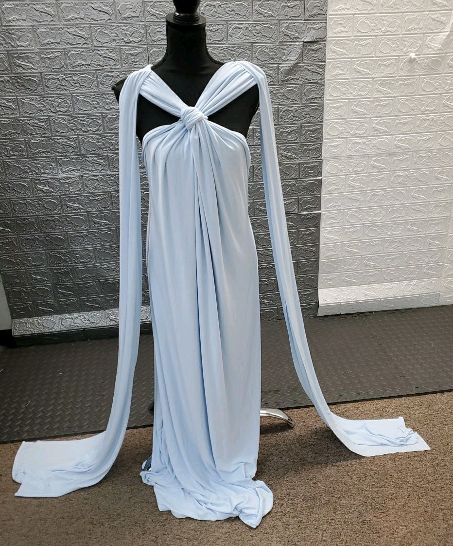 New Club London Ariana Cross Neck Maxi Dress W/Cape Powder Blue Size 10