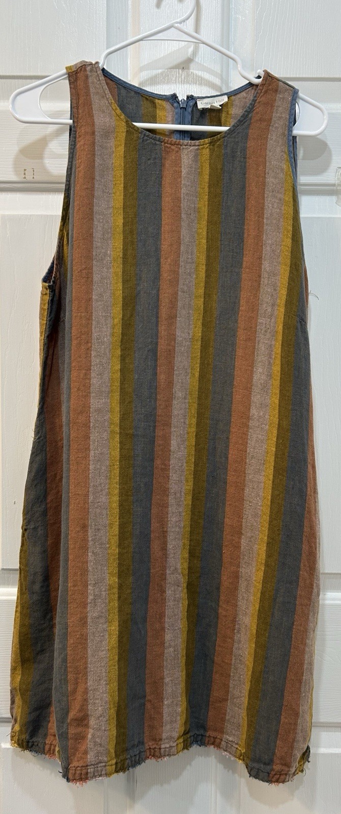 Garnet Hill Muted Stripe Linen Shift Dress Sz 12 Sleeveless Raw Hem Pockets