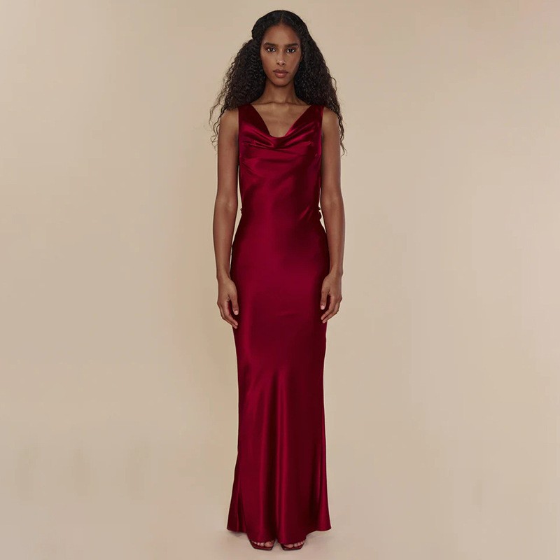Women’s Satin Cowl Neck Backless Lace-Up Maxi Dress S-L 2 Colors