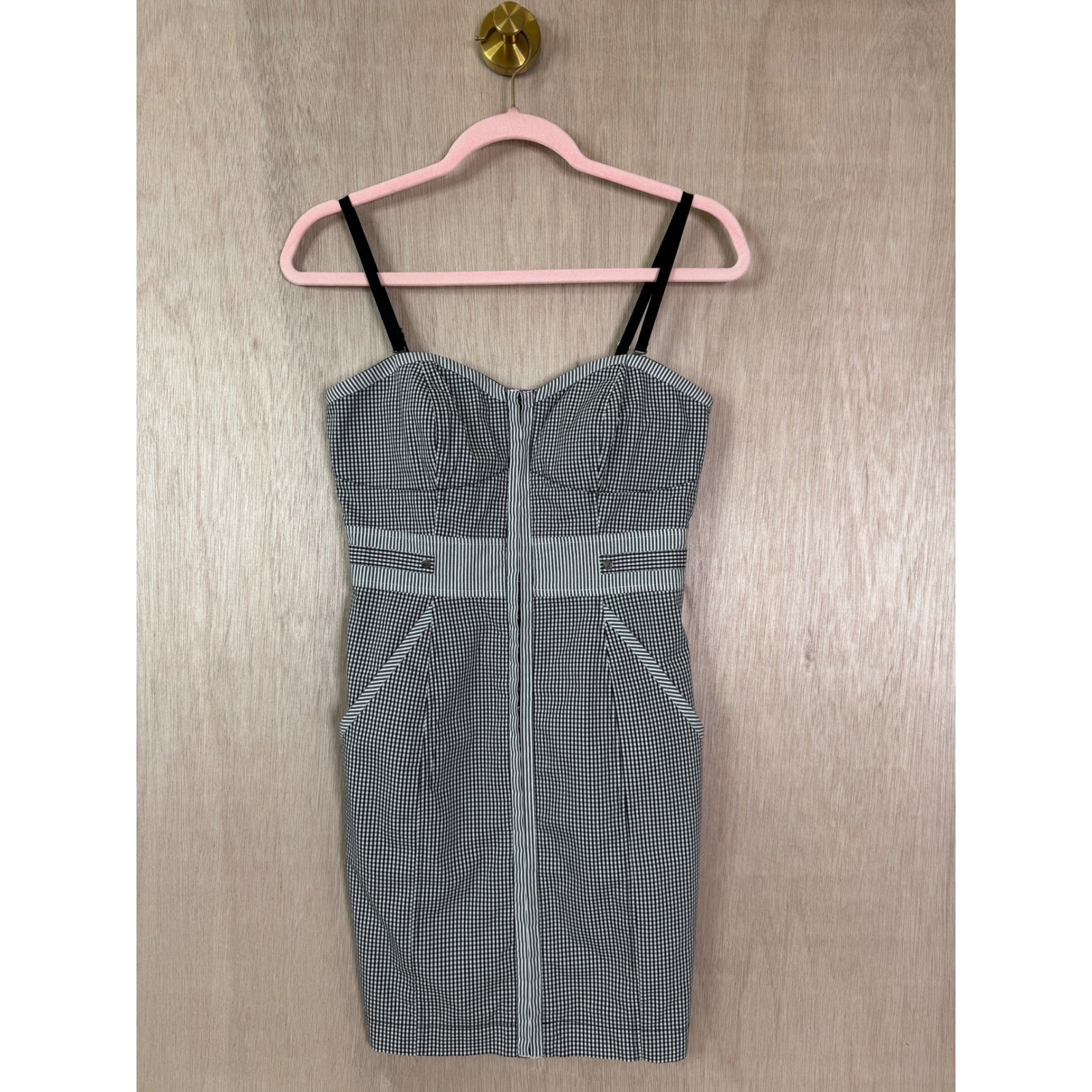 Guess Gingham Corset Mini Dress Black White Striped Pattern Adjustable Straps