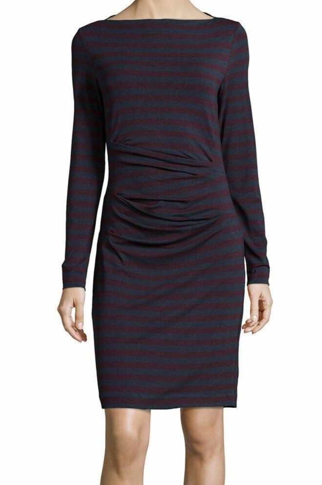 NWT Nicole Miller Artelier Quinn Bateau Neck Striped Tucked Jersey Dress S $265