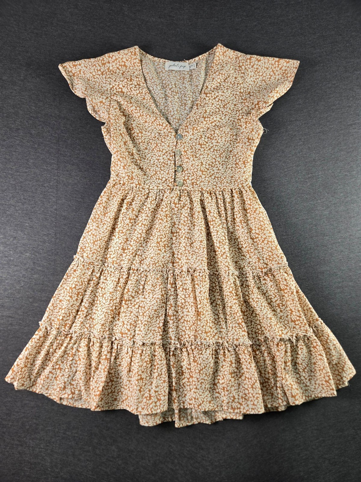 Petal + Pup Dress Womens 4 Beige Floral Ruffle Tiered V Neck Mini Sundress
