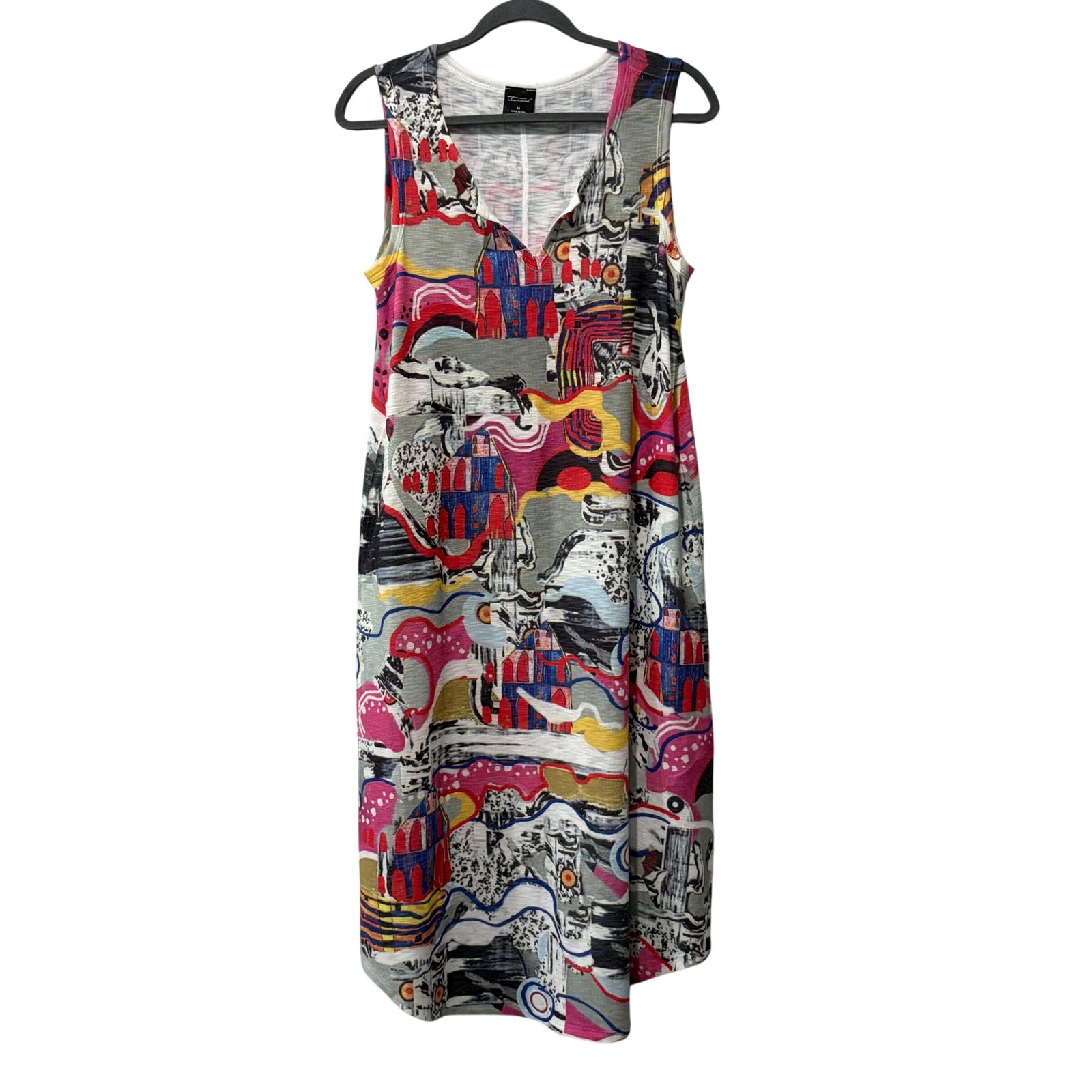 Inoah Knit Midi Dress Women Medium MultiColor Abstract Art Print Pockets