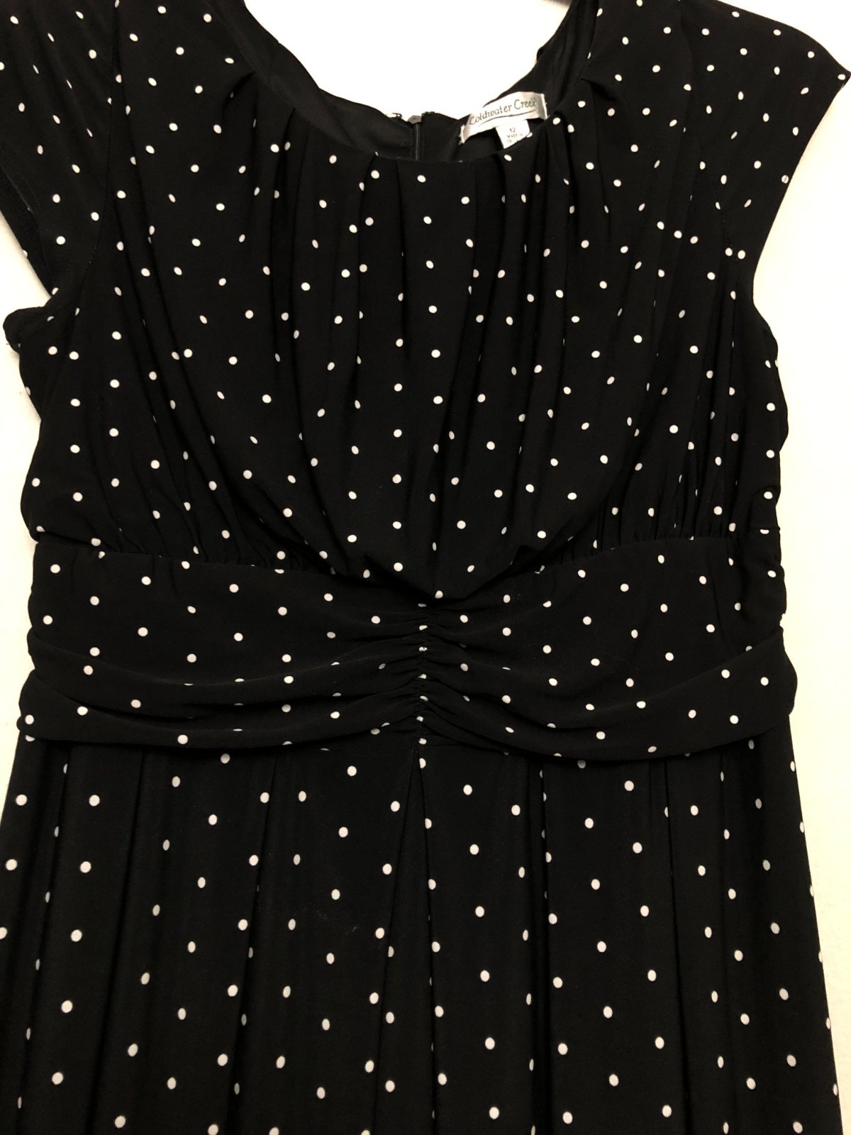 Coldwater Creek Womens Sleeveless Knit Midi Dress Sz 12 Black Polka Dot Ruched