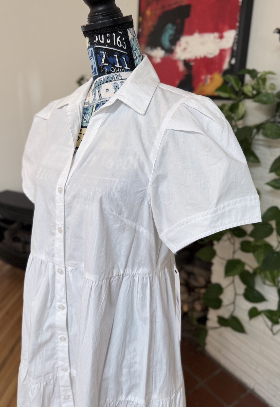 Calvin Klein White Collared Button Short Sleeve Maxi Shirt Dress 100% Cotton 6