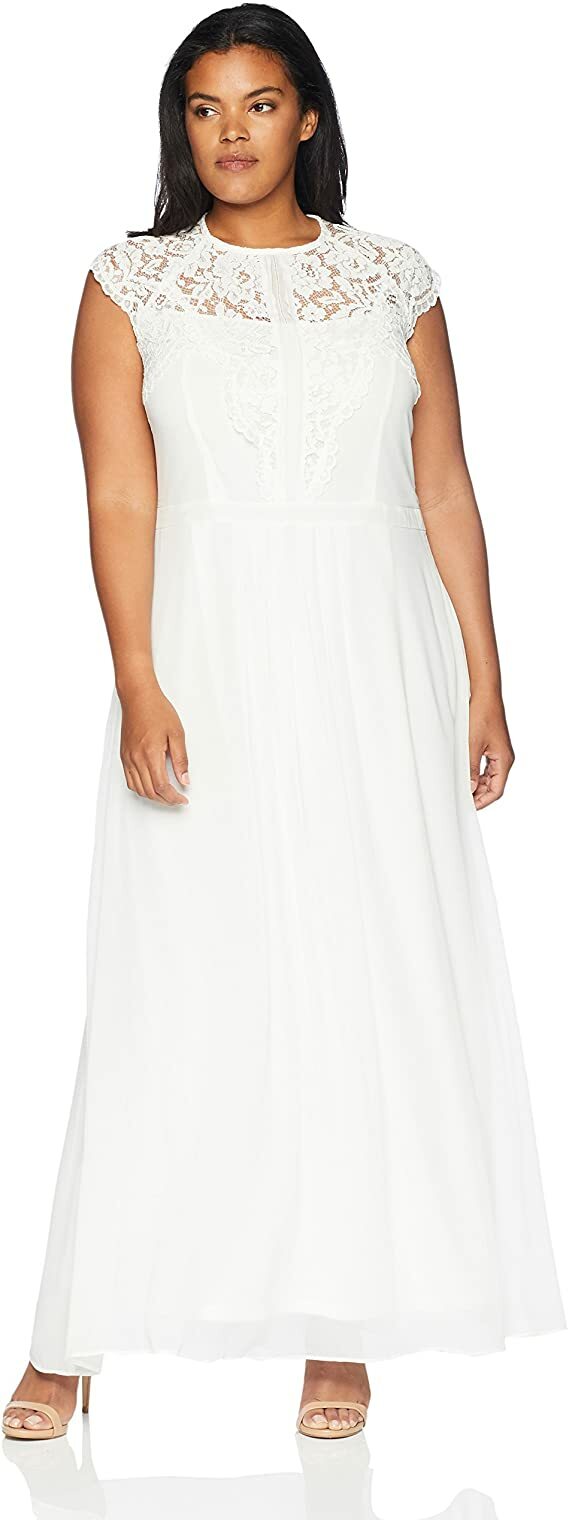 CITY CHIC White Lace Bodice Keyhole Chiffon Skirt Maxi Gown Dress L = 20W = 2X