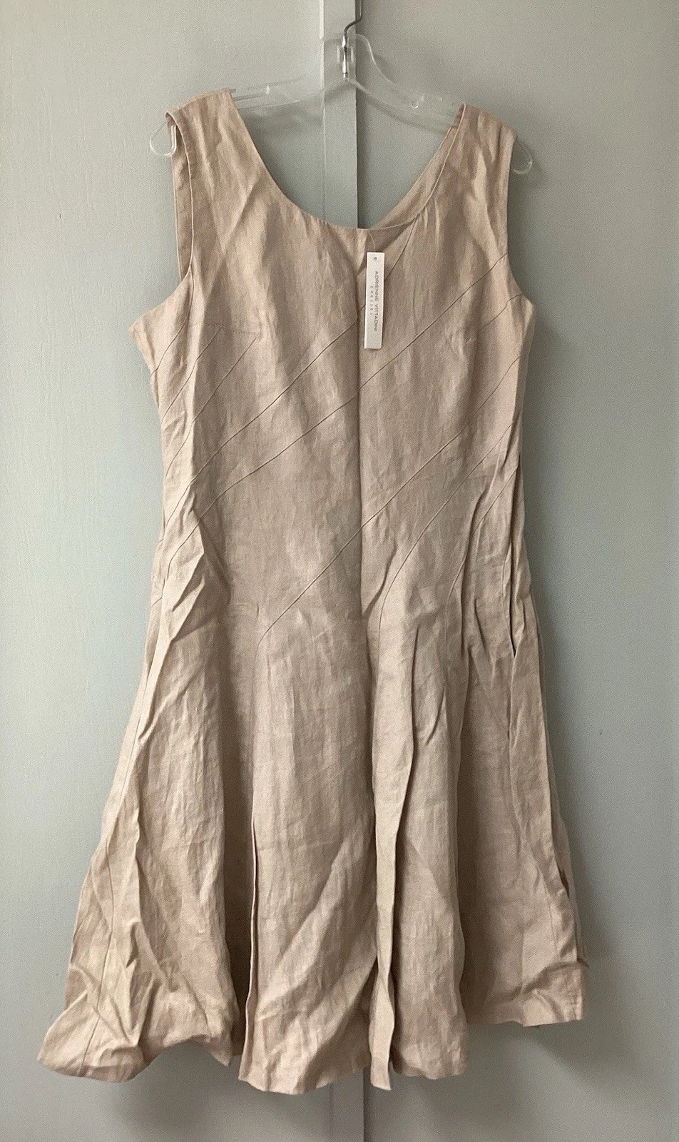 Adrienne Vittadini Dress Size 14 Sleeveless Linen Blend Side Zip Beige Plead Ne