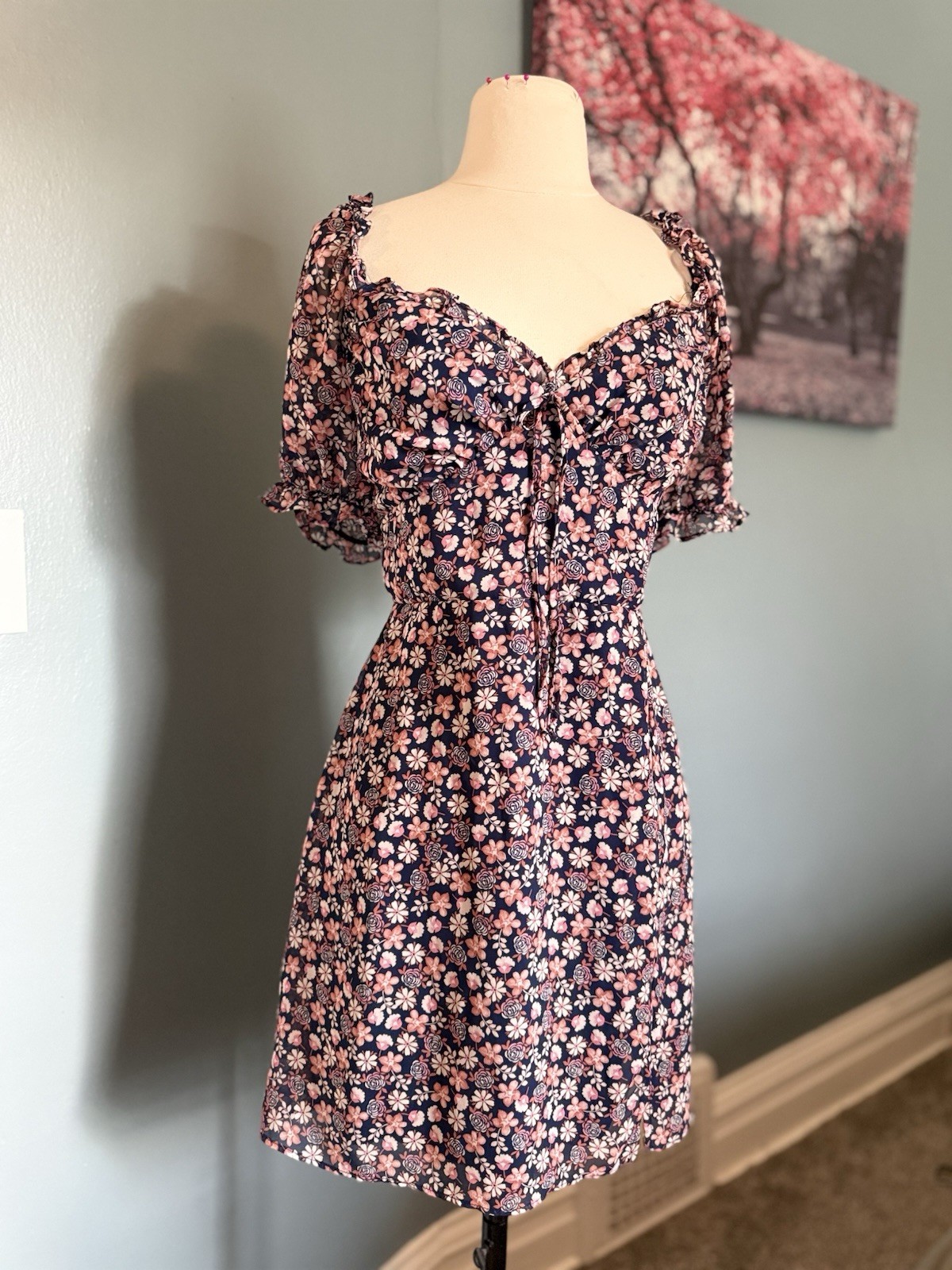 B. Smart Floral Mini Dress Size 13 Navy Pink Puff Sleeve Sweetheart Cottagecore