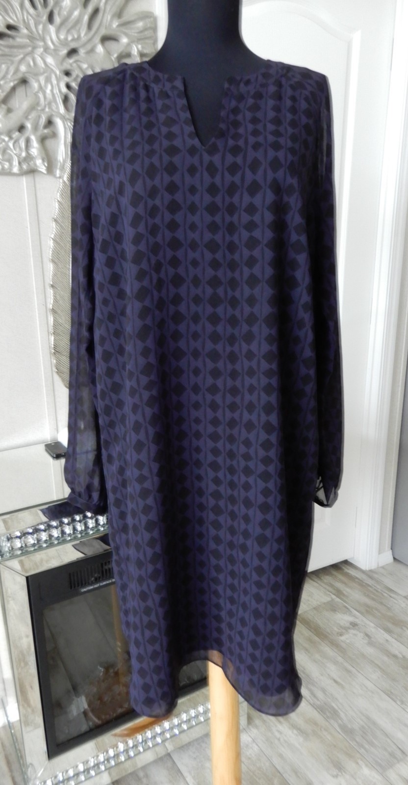 CAbi Harlequin Tunic Shift Dress Medium Women’s Sheer Dress Purple/Black