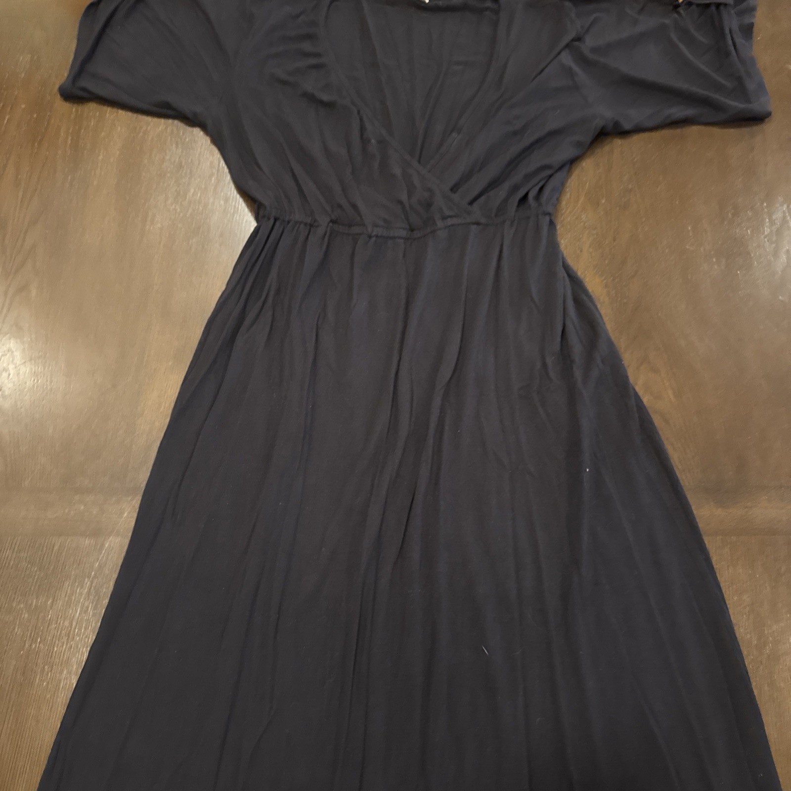 Presley Skye Belted Long Dress Black Simple V Neck Short Sleeve Medium USA