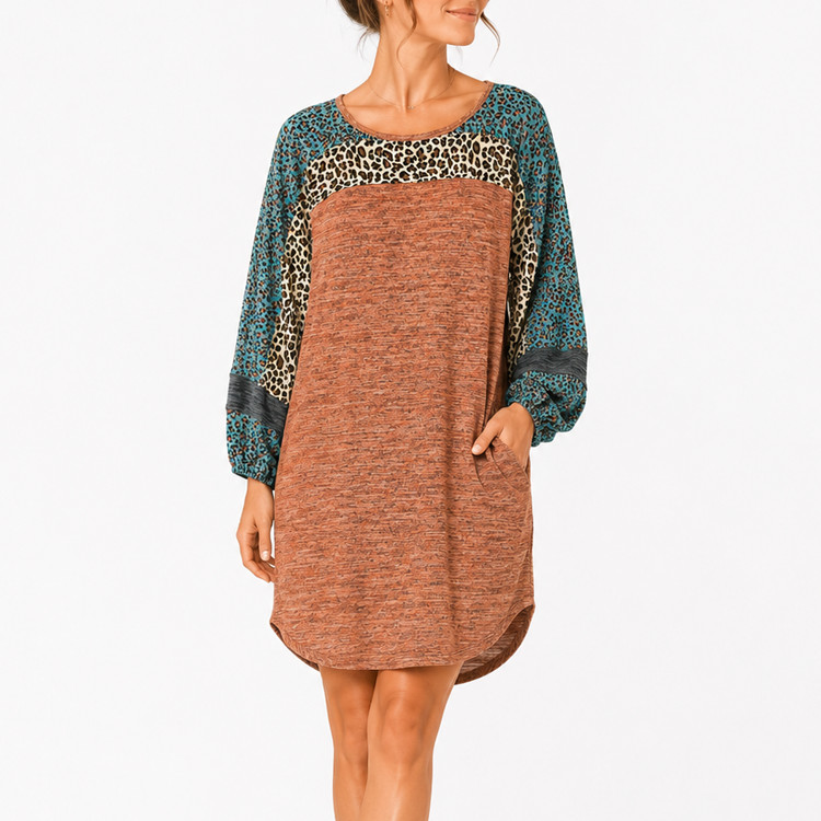 Umgee USA Small Tunic Dress Animal Print Colorblock Pocket Boho Shift Small