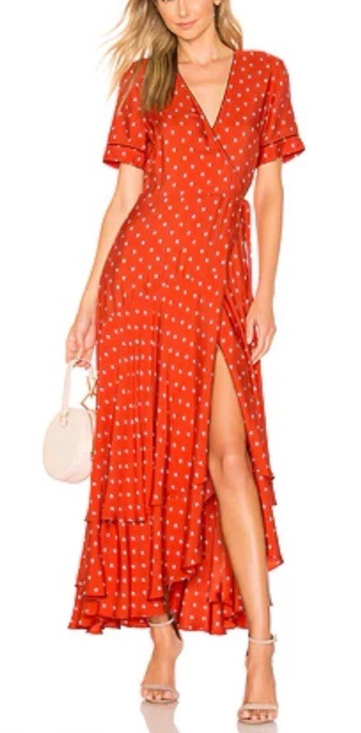 ALEXIS Sundara Wrap Ruffle Bias Dress Mandarin Shell Dot Print Red Orange SZ S