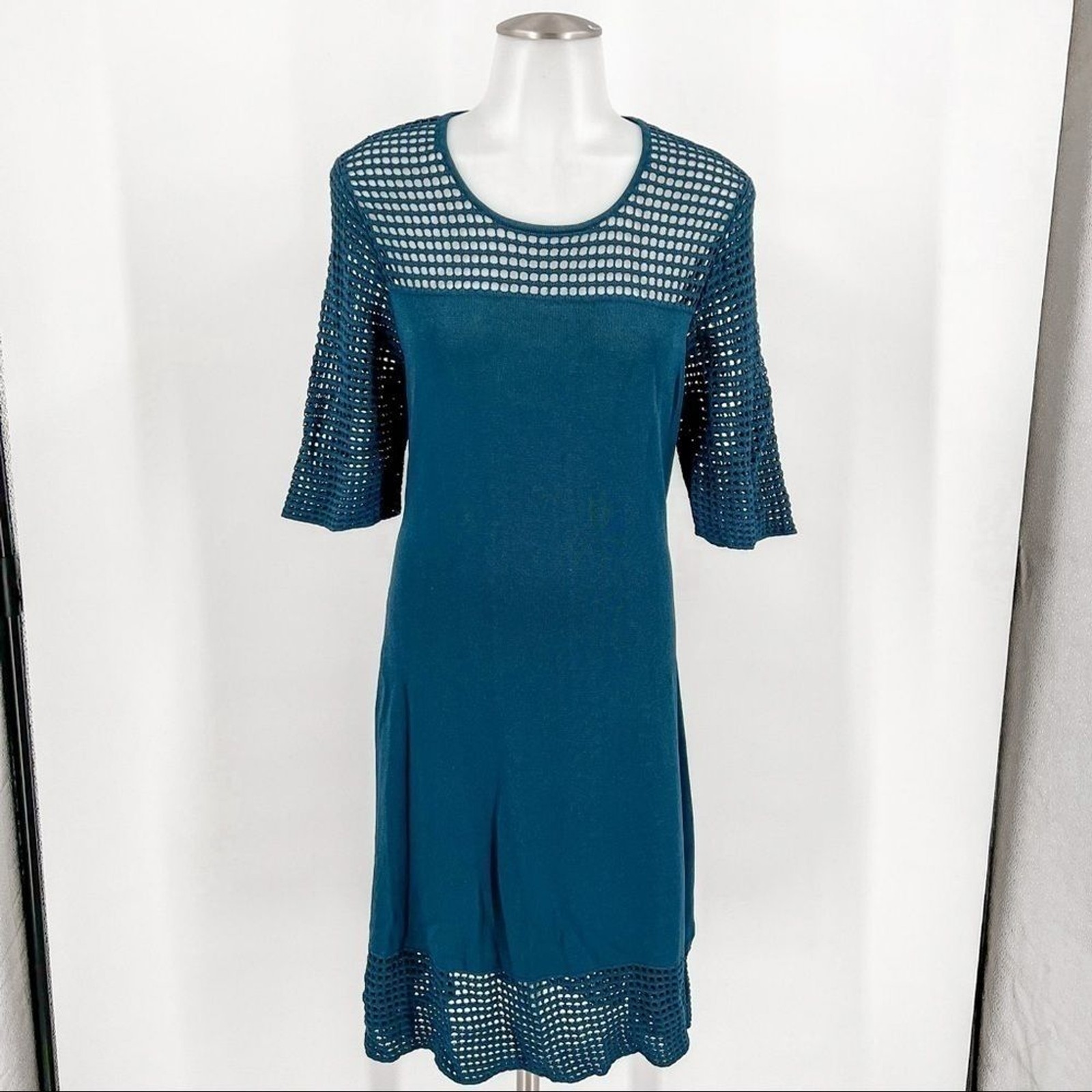 NANETTE LEPORE Ocean Teal Perforated Stretch Sweater Dress