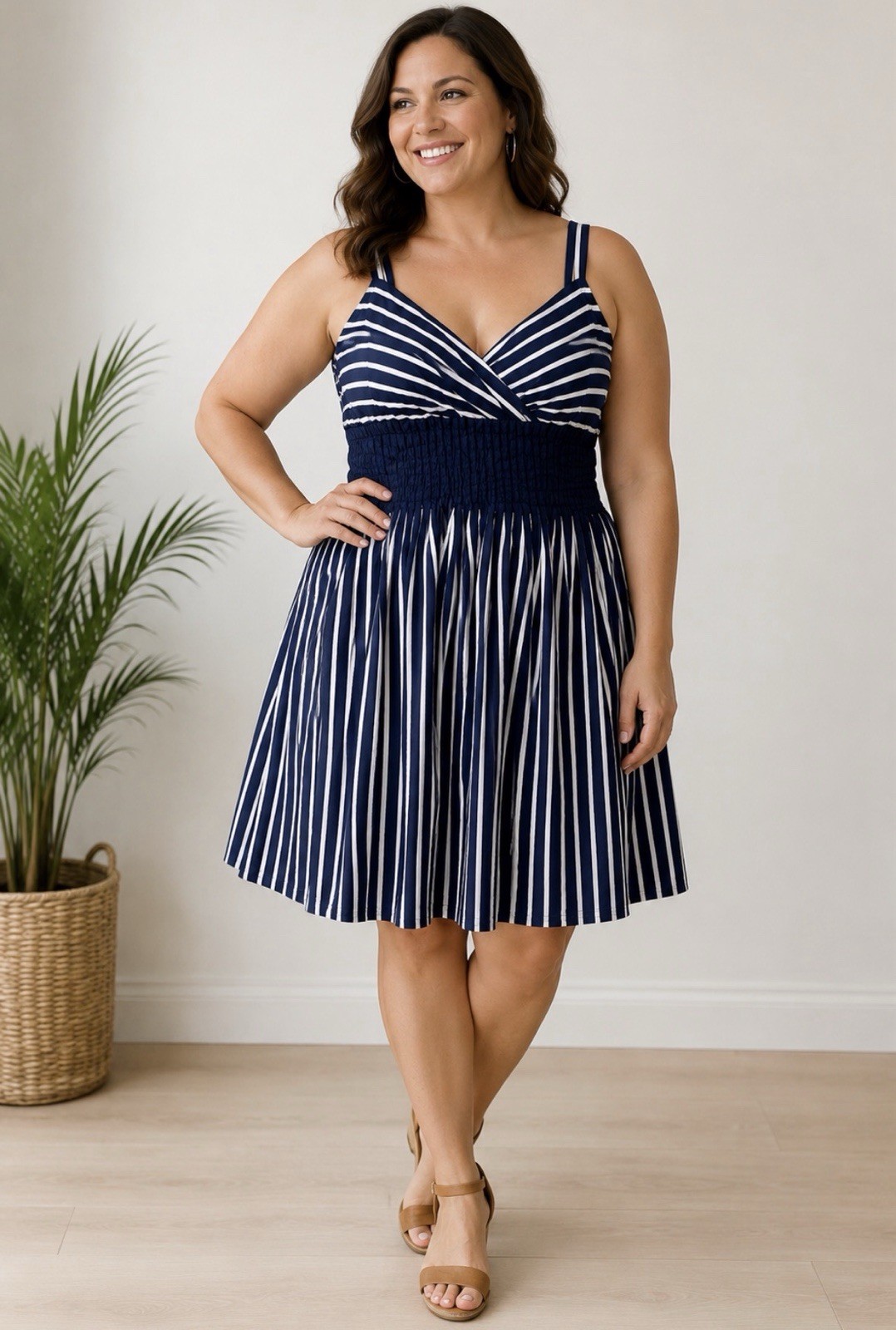Evan Picone Navy White Stripe Sleeveless Dress Sz 14 Classic Fit & Flare A-Line