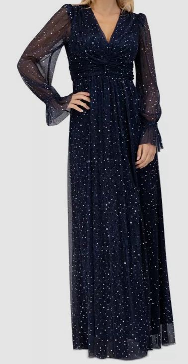 Eliza J Women’s Blue Twist-Front Pleated Metallic Knit Gown Dress Sz 10