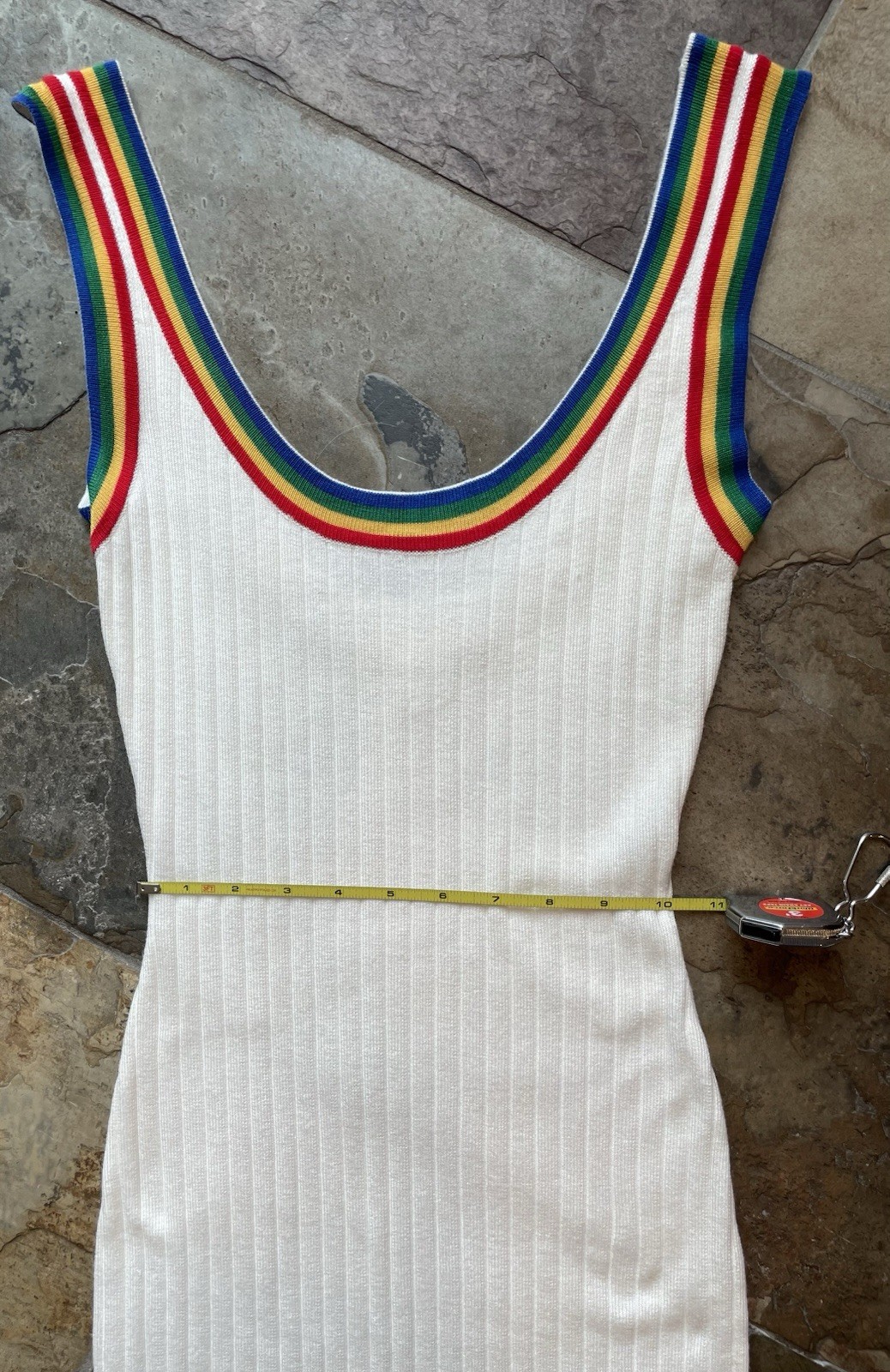 Super Down White Ribbed Knit Rainbow Stripe Trim Bodycon Mini Dress Women’s S