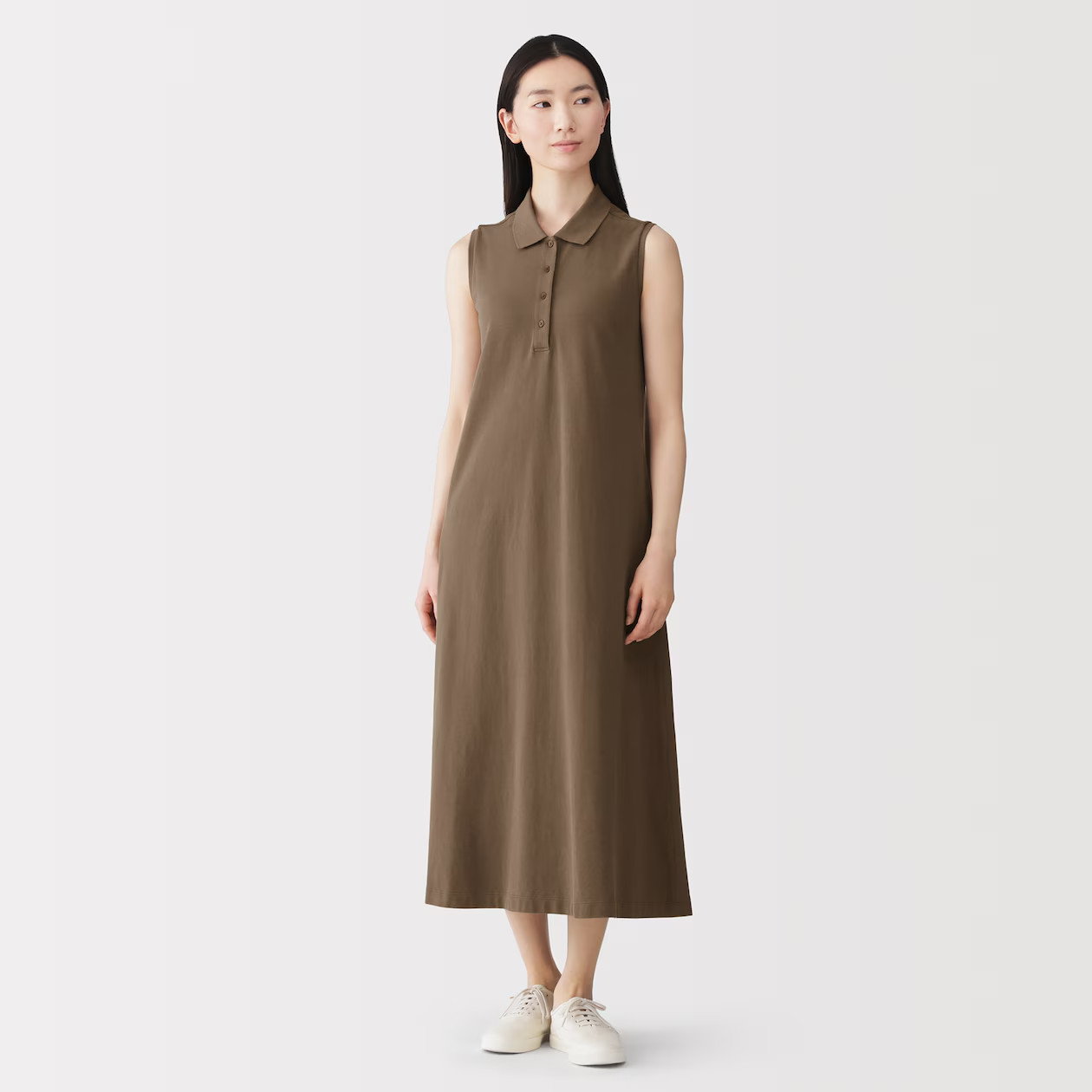 MUJI Womens 100% Cotton Sleeveless Polo Dress Smoky Brown FedEx