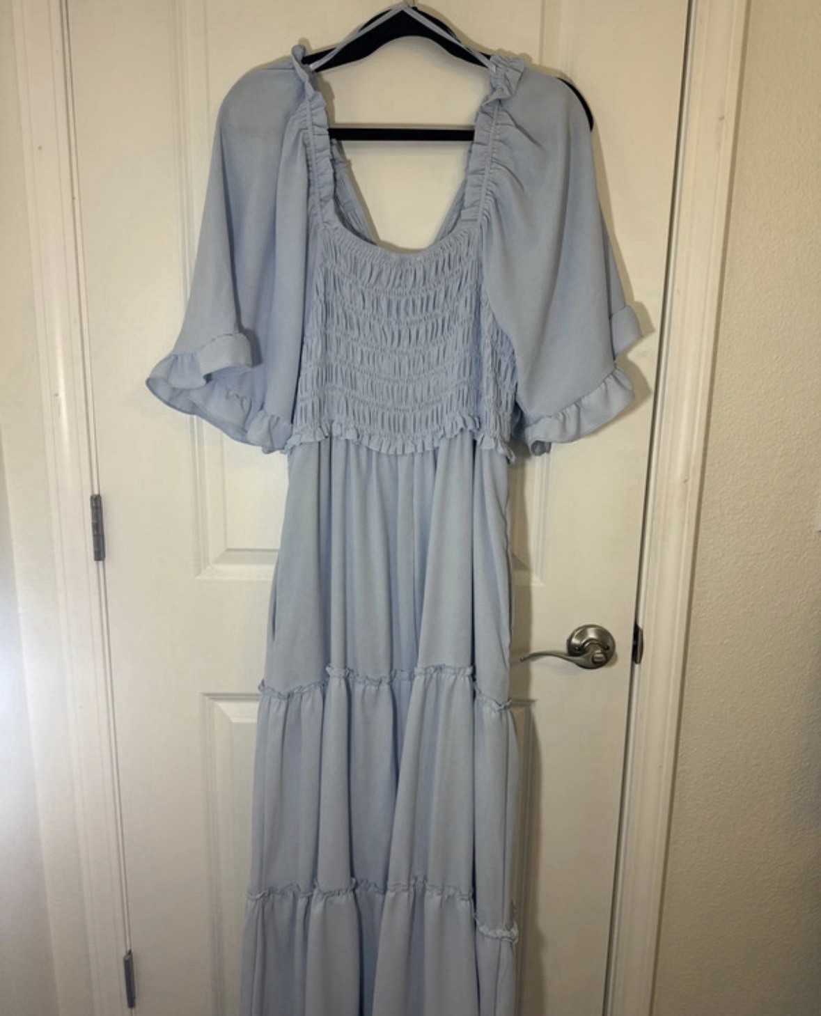 Women’s Blue Solid Smocked Ruffle Flutter Sleeve V-Neck Long Maxi Dress XL